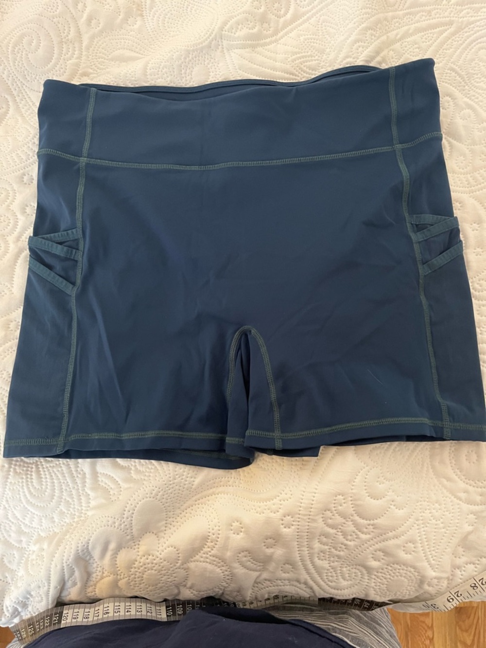 Fabletics Teal-Blue High-Rise Bike Shorts with Side Pockets
